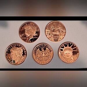 (Set of 5) 1 Oz .999 Fine Copper Coin Set. New Uncirculated. Mint. 39mm Dia.